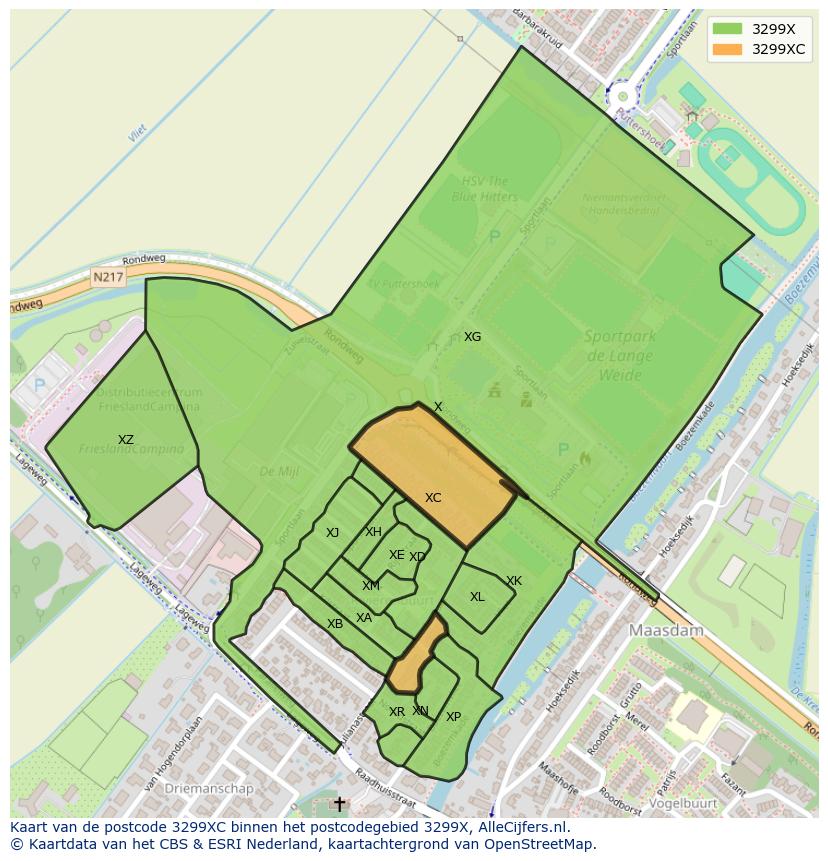 Afbeelding van het postcodegebied 3299 XC op de kaart.