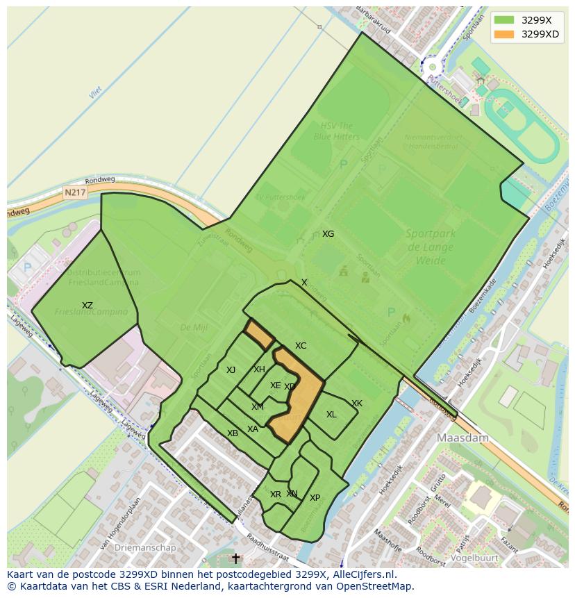 Afbeelding van het postcodegebied 3299 XD op de kaart.