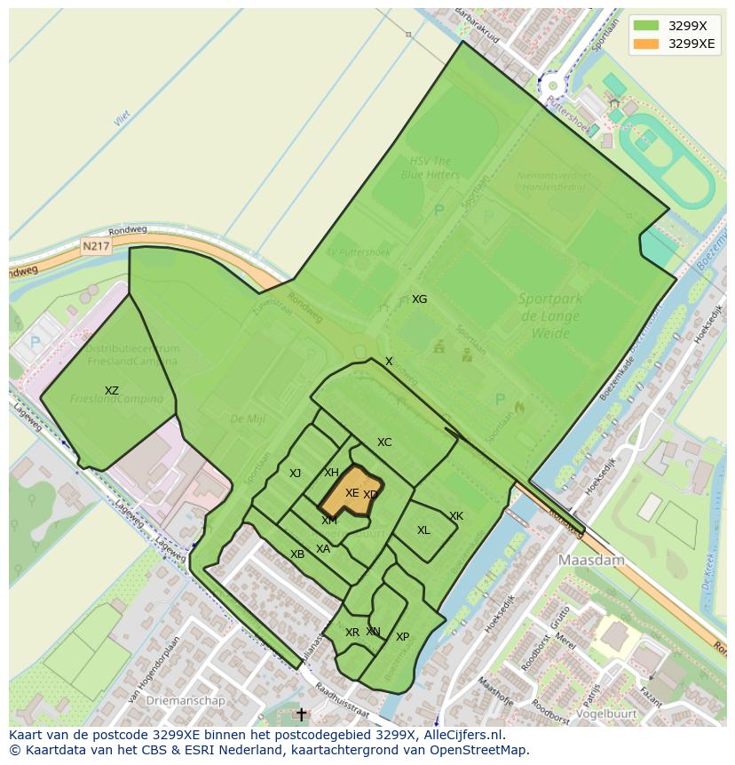 Afbeelding van het postcodegebied 3299 XE op de kaart.