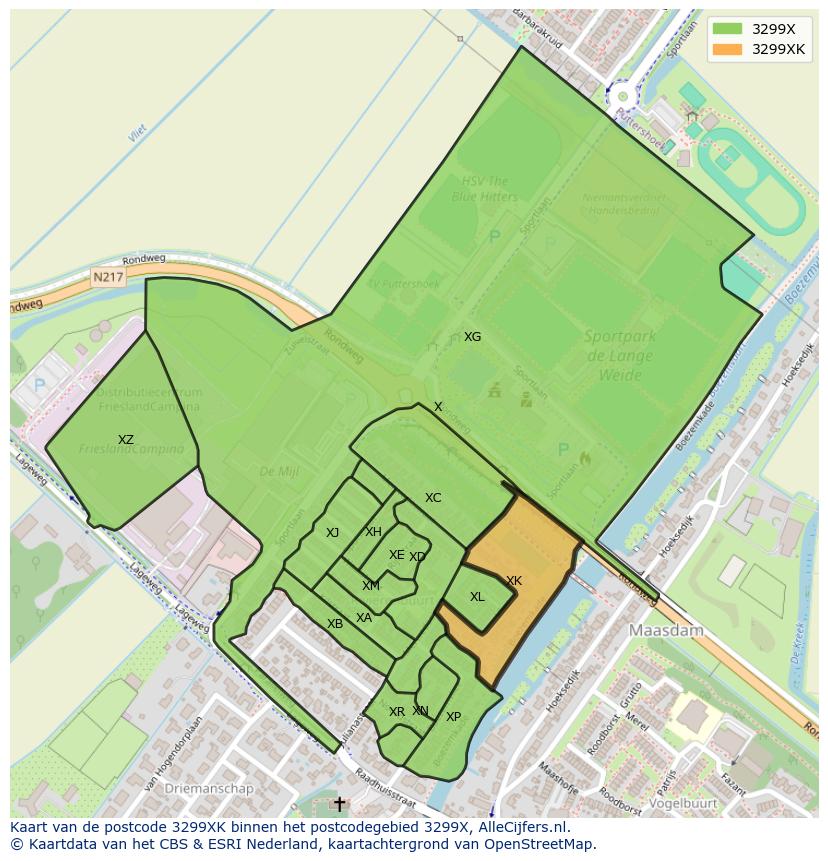 Afbeelding van het postcodegebied 3299 XK op de kaart.