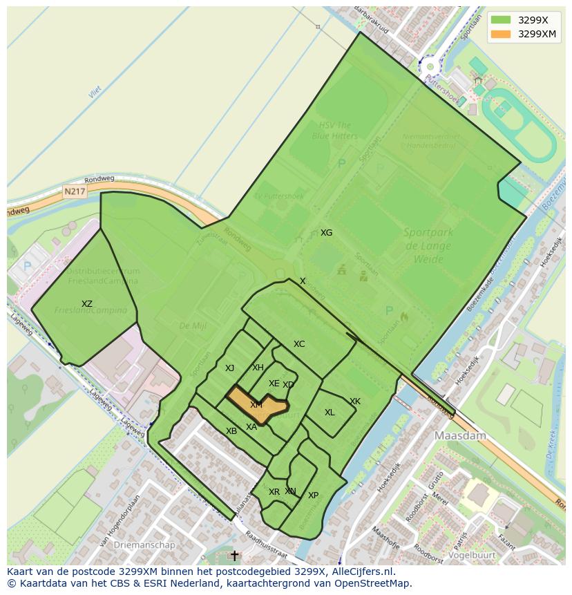 Afbeelding van het postcodegebied 3299 XM op de kaart.