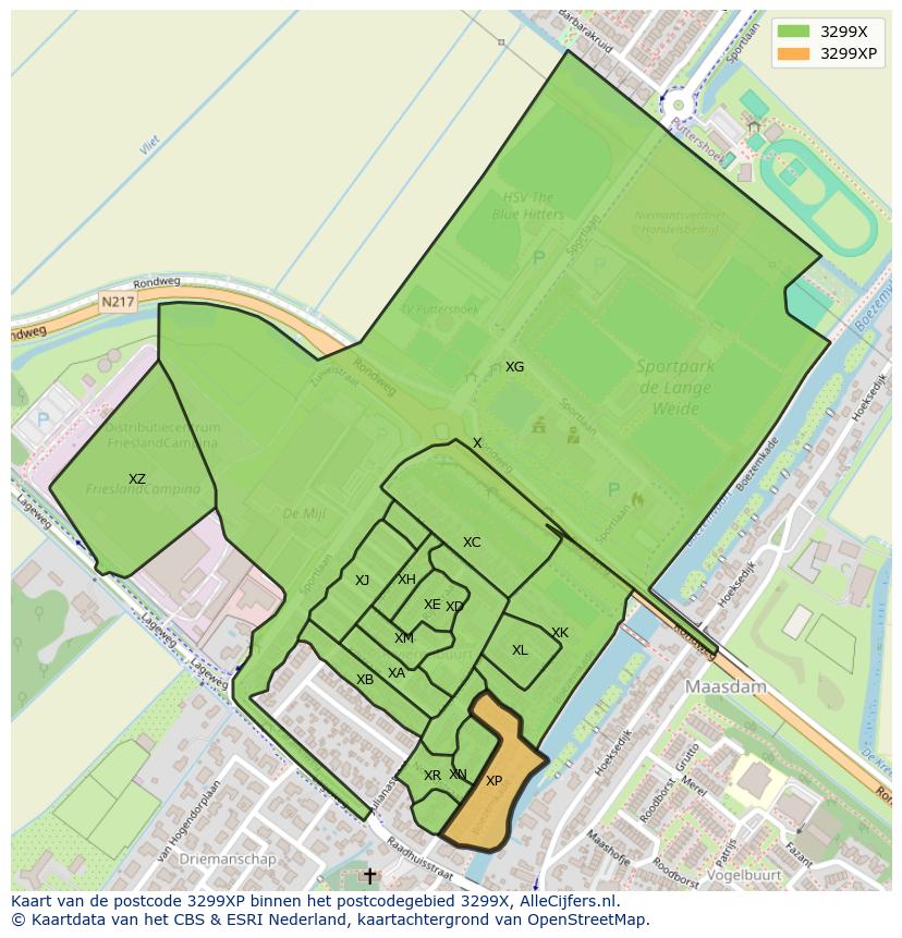 Afbeelding van het postcodegebied 3299 XP op de kaart.