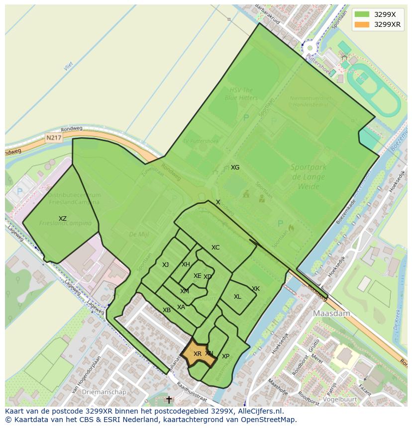 Afbeelding van het postcodegebied 3299 XR op de kaart.