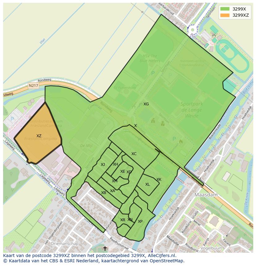 Afbeelding van het postcodegebied 3299 XZ op de kaart.