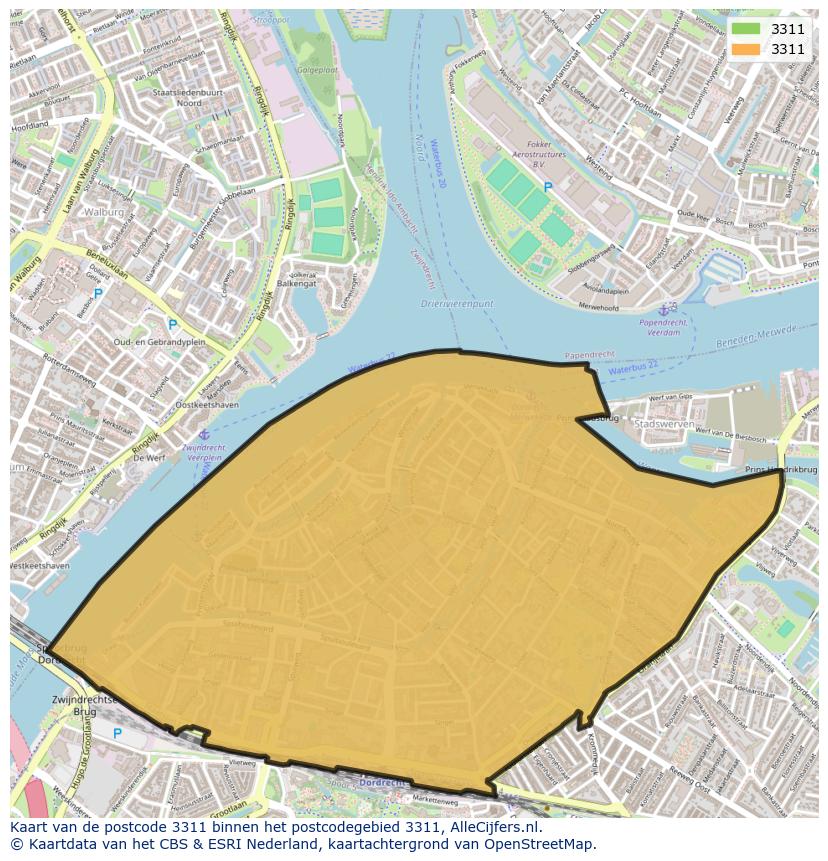 Afbeelding van het postcodegebied 3311 op de kaart.