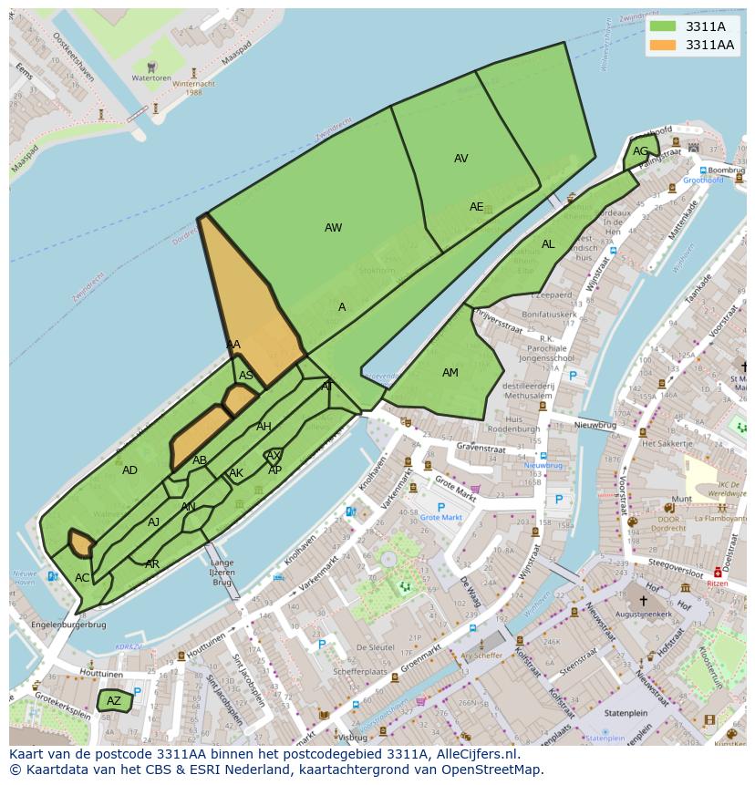 Afbeelding van het postcodegebied 3311 AA op de kaart.