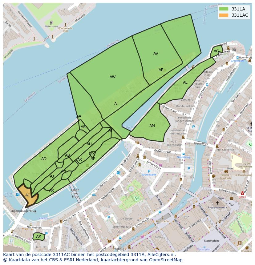 Afbeelding van het postcodegebied 3311 AC op de kaart.