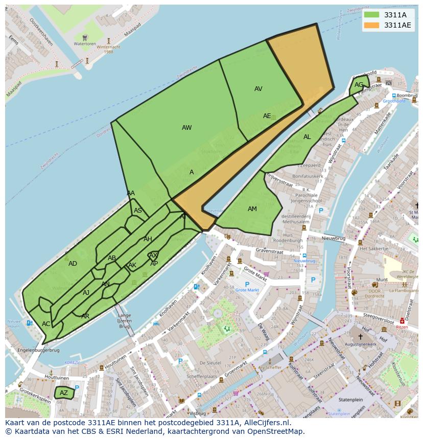 Afbeelding van het postcodegebied 3311 AE op de kaart.