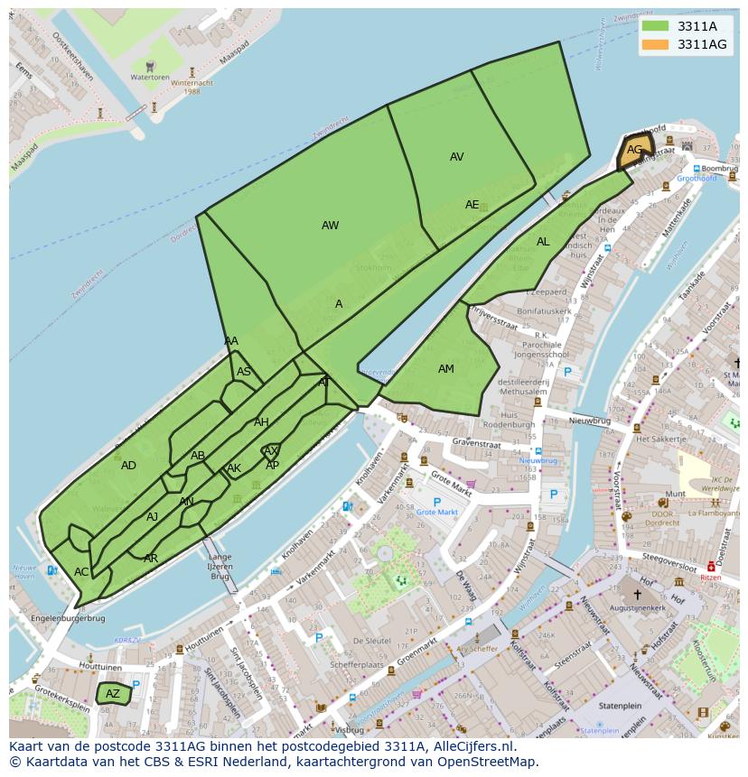 Afbeelding van het postcodegebied 3311 AG op de kaart.