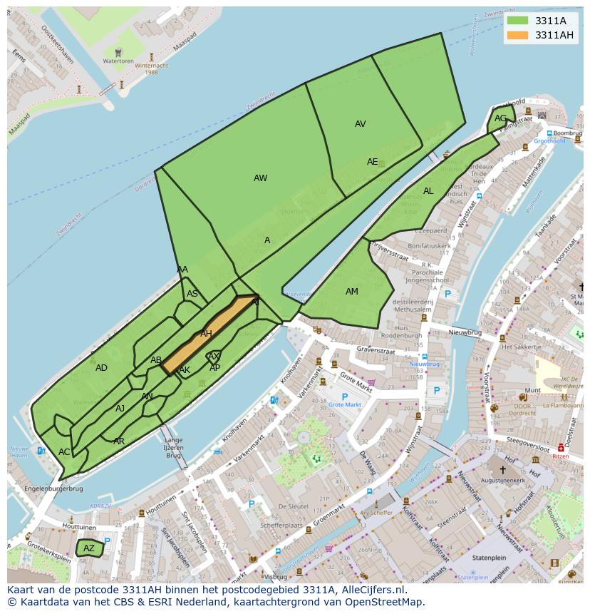 Afbeelding van het postcodegebied 3311 AH op de kaart.