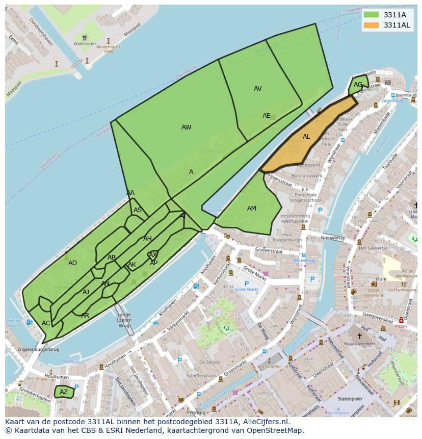 Afbeelding van het postcodegebied 3311 AL op de kaart.