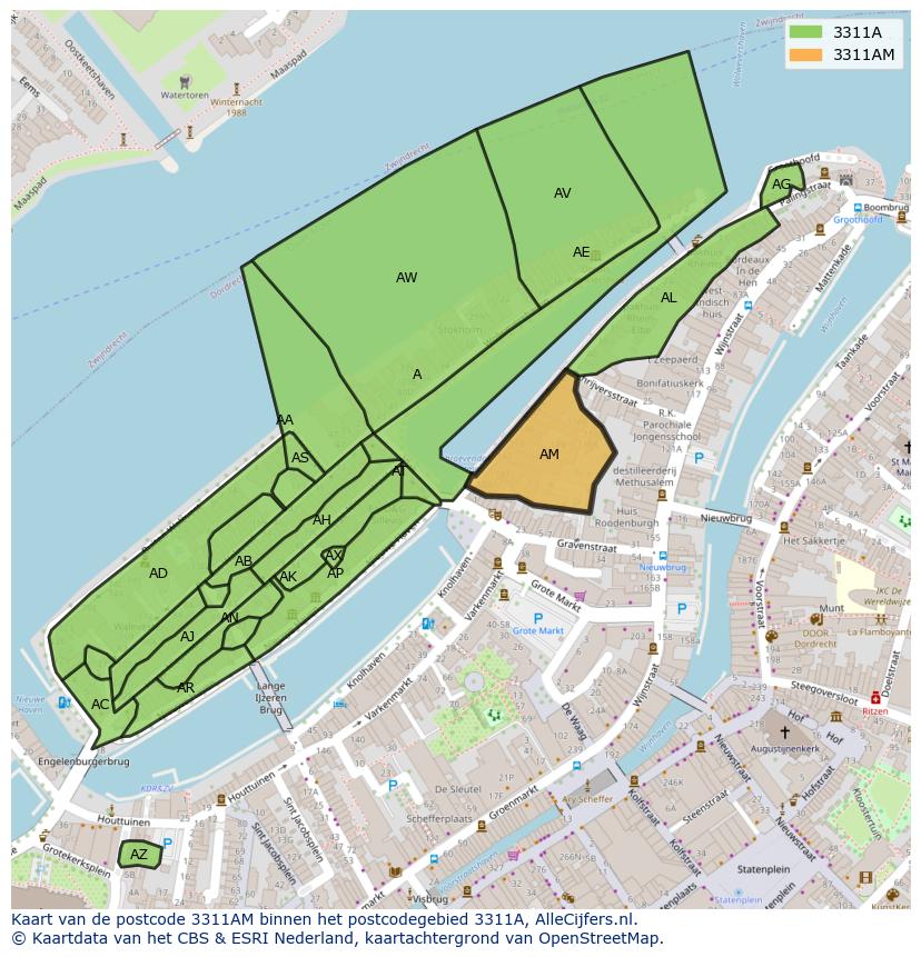 Afbeelding van het postcodegebied 3311 AM op de kaart.