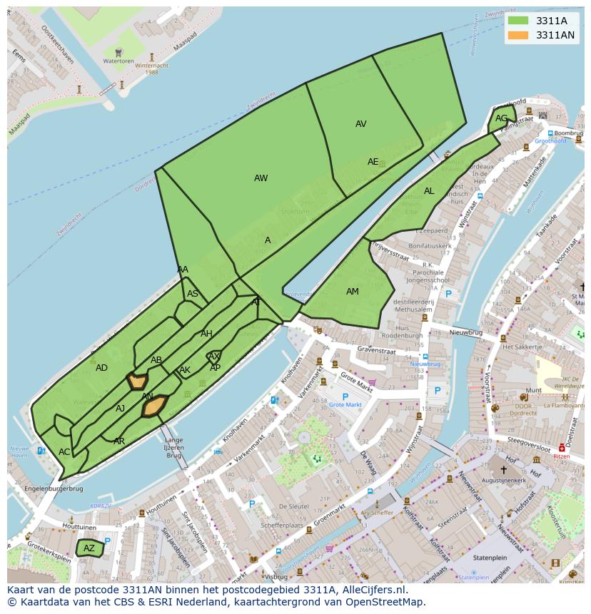 Afbeelding van het postcodegebied 3311 AN op de kaart.