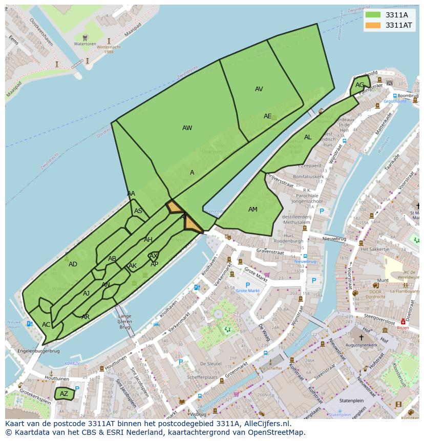 Afbeelding van het postcodegebied 3311 AT op de kaart.