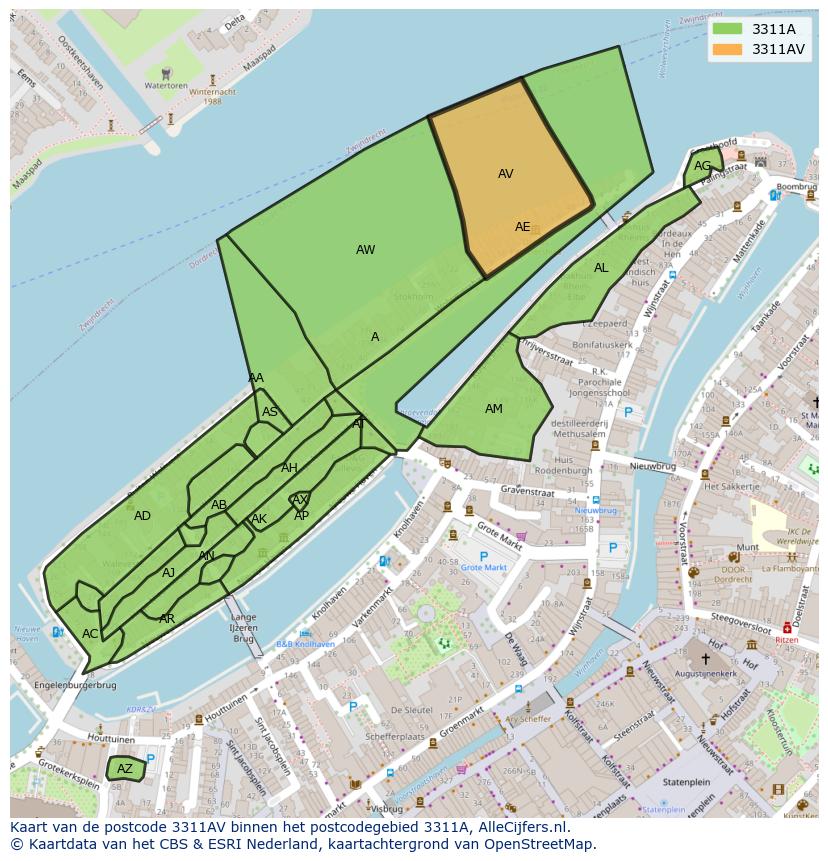 Afbeelding van het postcodegebied 3311 AV op de kaart.