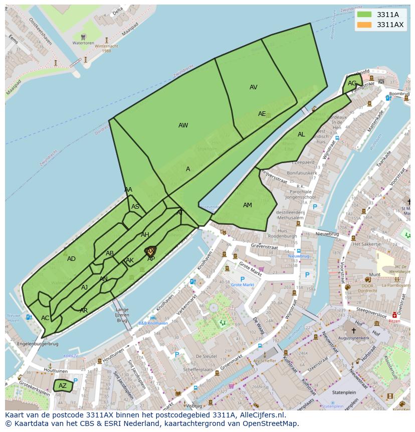Afbeelding van het postcodegebied 3311 AX op de kaart.