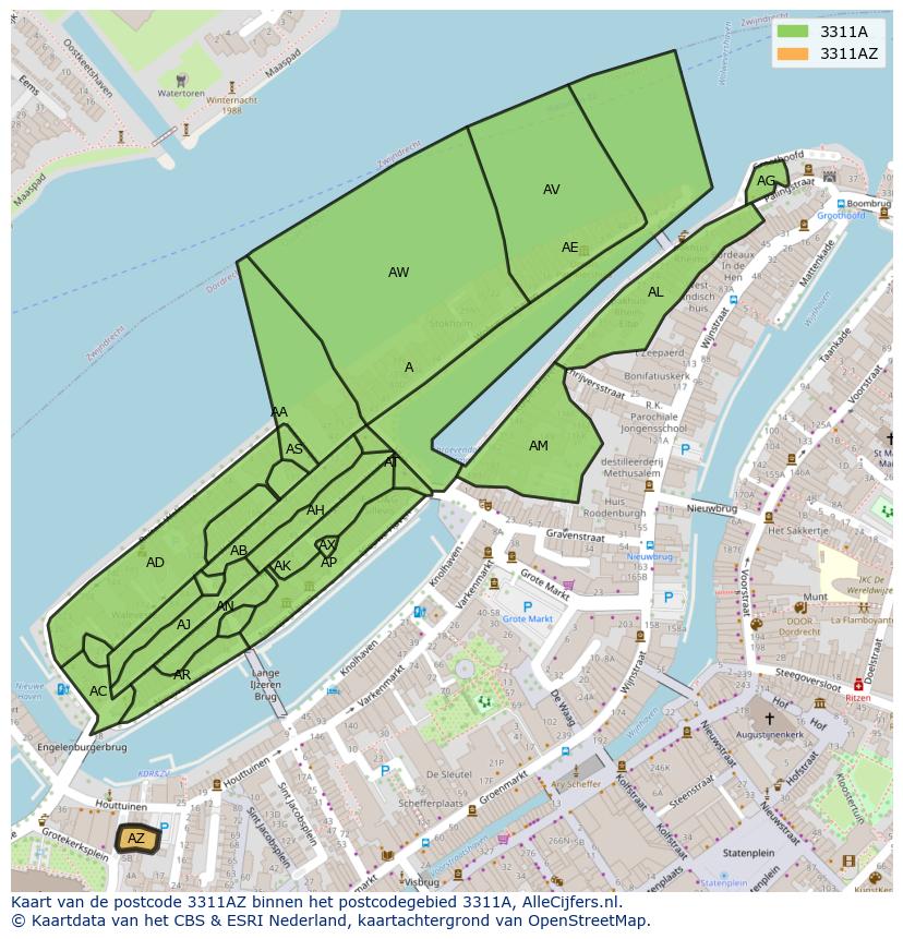 Afbeelding van het postcodegebied 3311 AZ op de kaart.