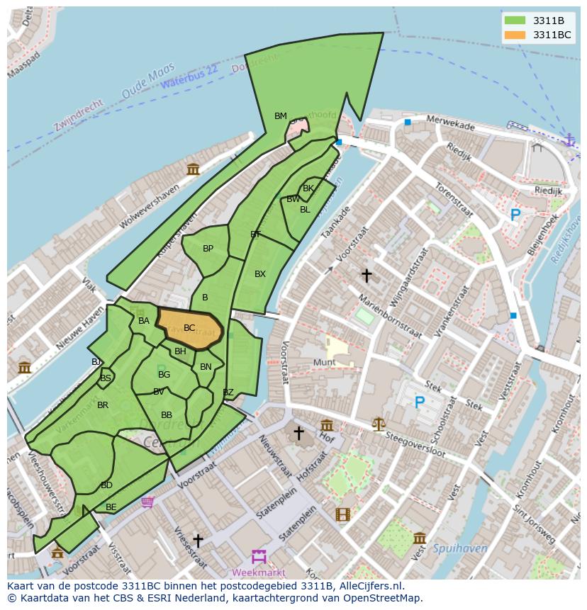 Afbeelding van het postcodegebied 3311 BC op de kaart.