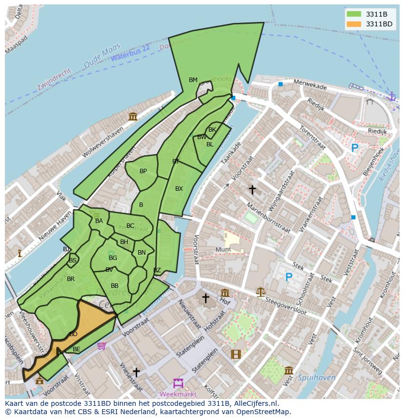 Afbeelding van het postcodegebied 3311 BD op de kaart.