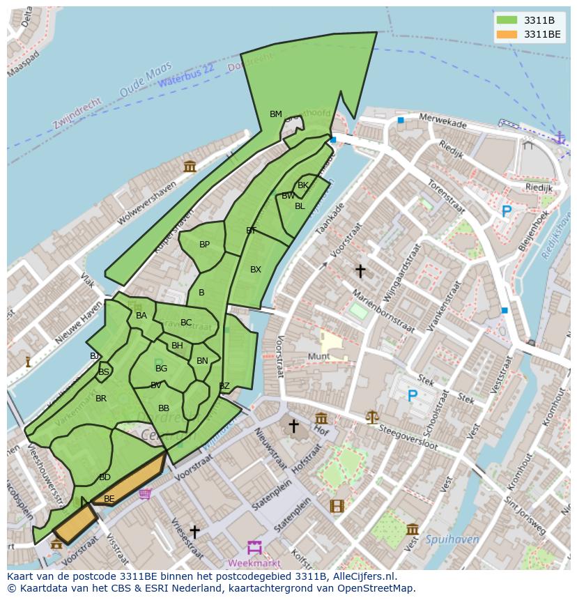 Afbeelding van het postcodegebied 3311 BE op de kaart.