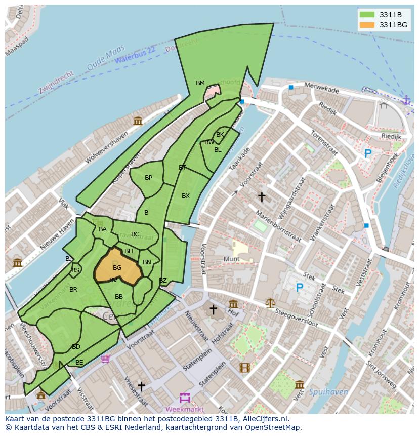 Afbeelding van het postcodegebied 3311 BG op de kaart.