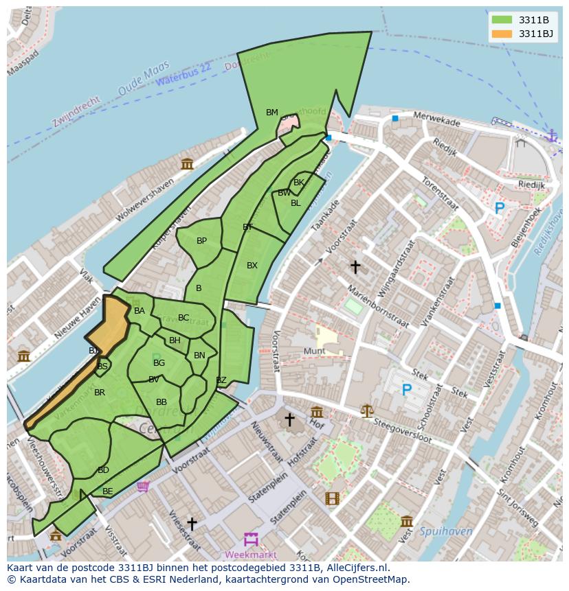 Afbeelding van het postcodegebied 3311 BJ op de kaart.
