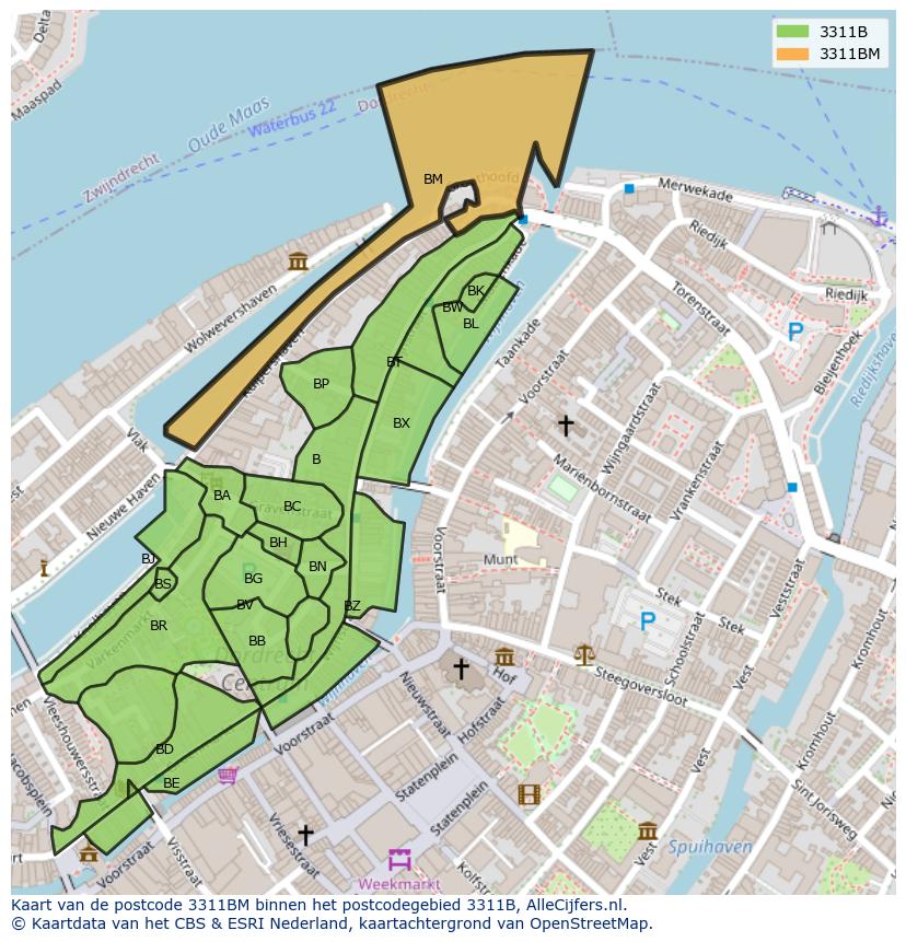 Afbeelding van het postcodegebied 3311 BM op de kaart.