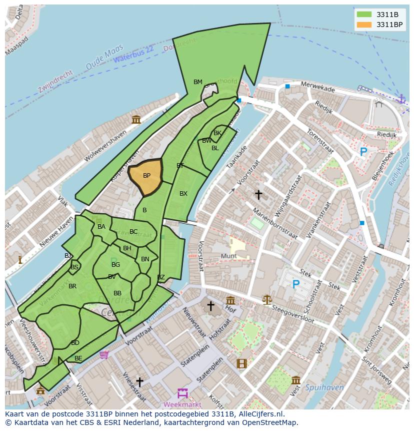 Afbeelding van het postcodegebied 3311 BP op de kaart.