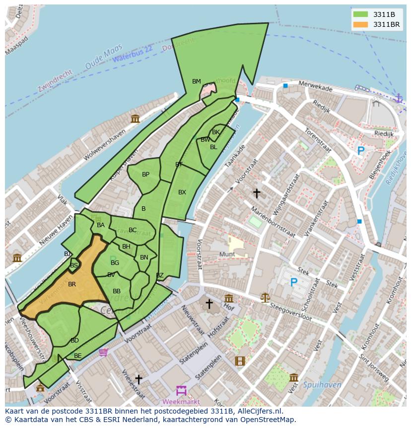 Afbeelding van het postcodegebied 3311 BR op de kaart.