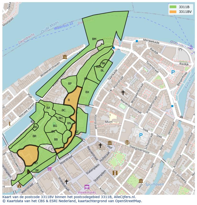 Afbeelding van het postcodegebied 3311 BV op de kaart.