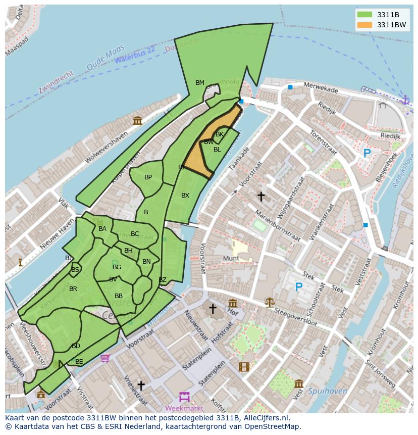 Afbeelding van het postcodegebied 3311 BW op de kaart.