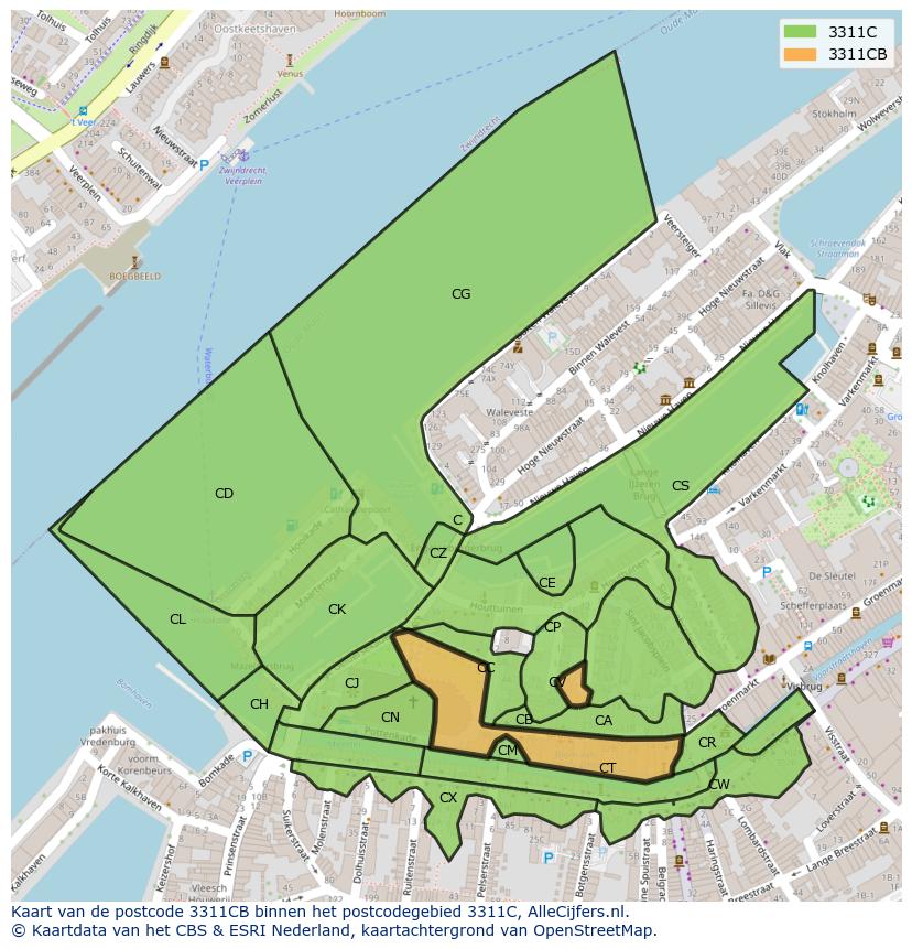 Afbeelding van het postcodegebied 3311 CB op de kaart.