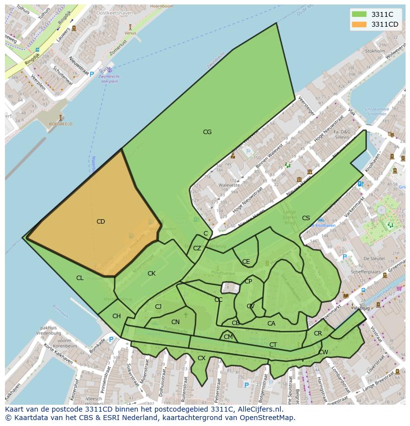 Afbeelding van het postcodegebied 3311 CD op de kaart.