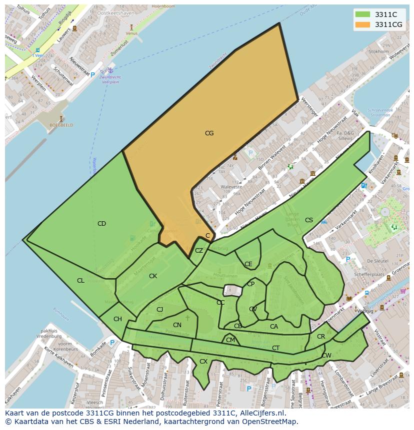 Afbeelding van het postcodegebied 3311 CG op de kaart.
