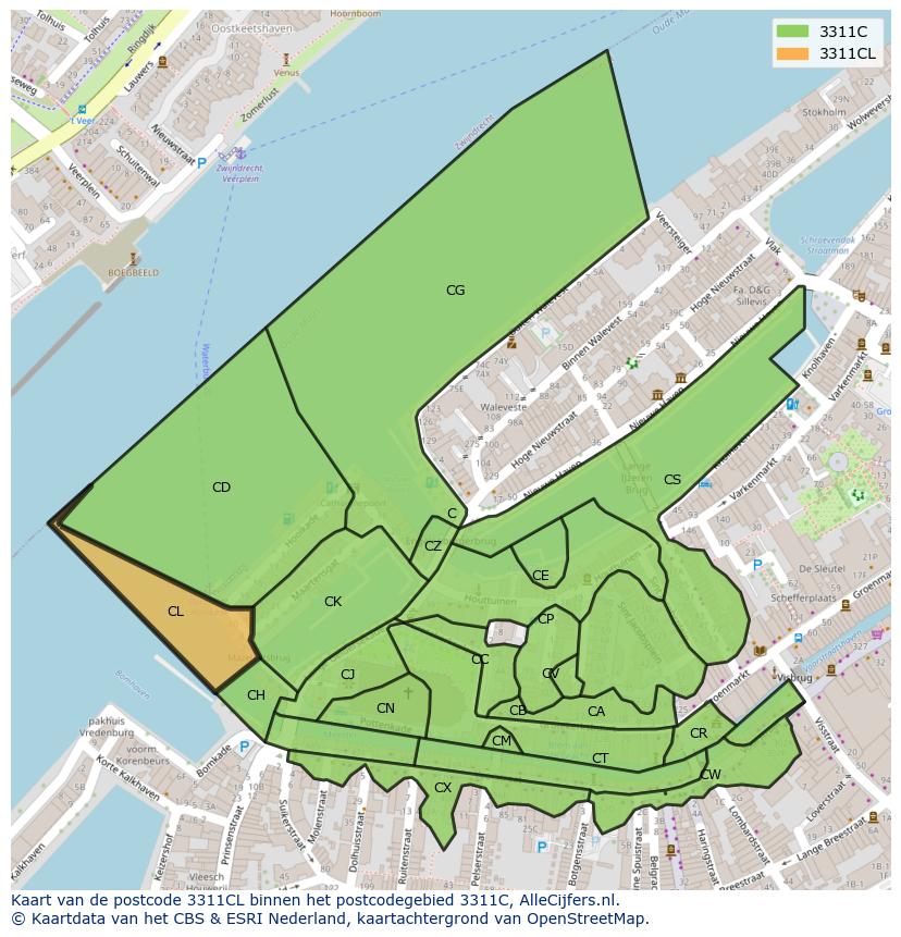 Afbeelding van het postcodegebied 3311 CL op de kaart.