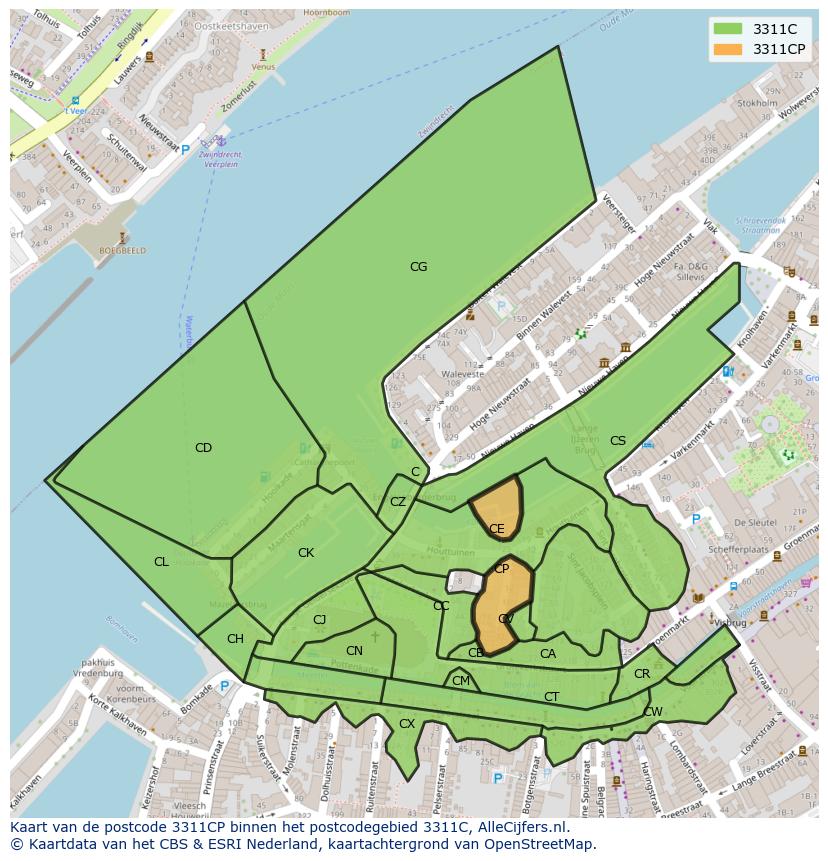 Afbeelding van het postcodegebied 3311 CP op de kaart.