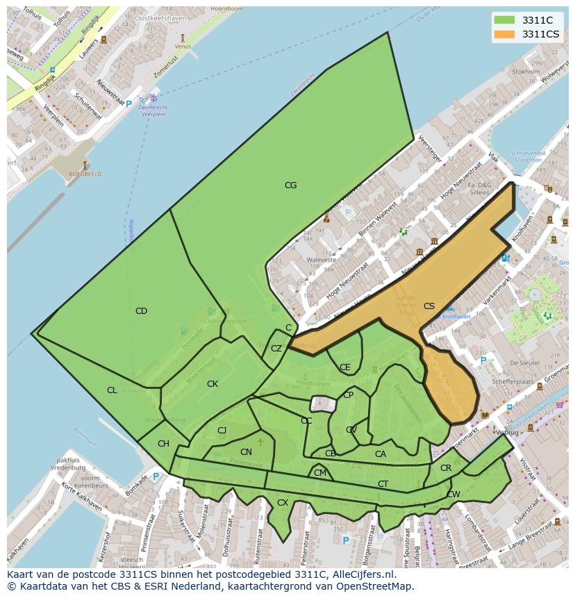 Afbeelding van het postcodegebied 3311 CS op de kaart.