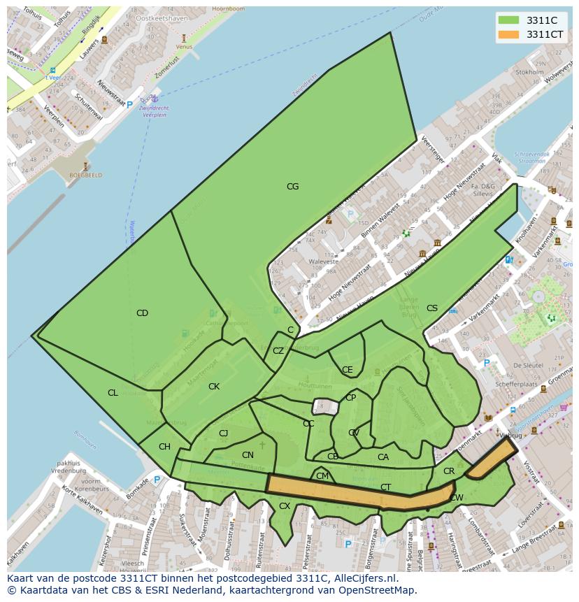 Afbeelding van het postcodegebied 3311 CT op de kaart.