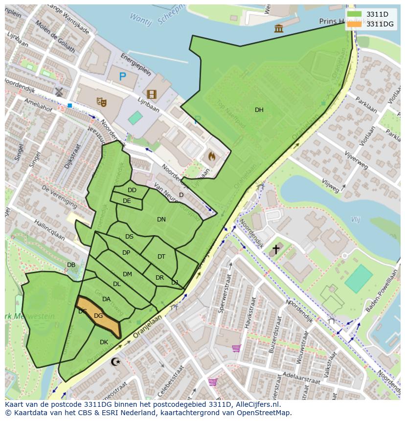 Afbeelding van het postcodegebied 3311 DG op de kaart.