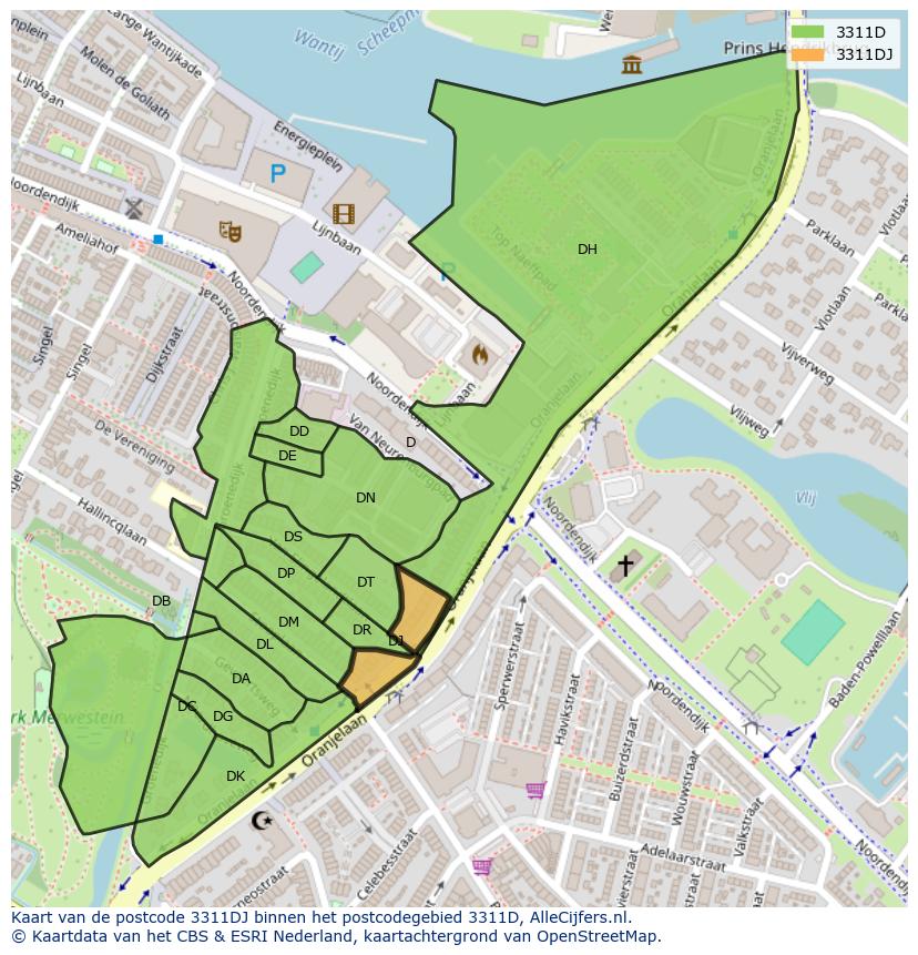 Afbeelding van het postcodegebied 3311 DJ op de kaart.