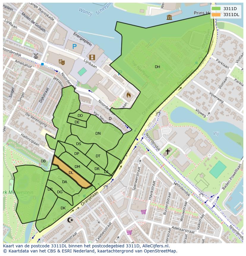 Afbeelding van het postcodegebied 3311 DL op de kaart.