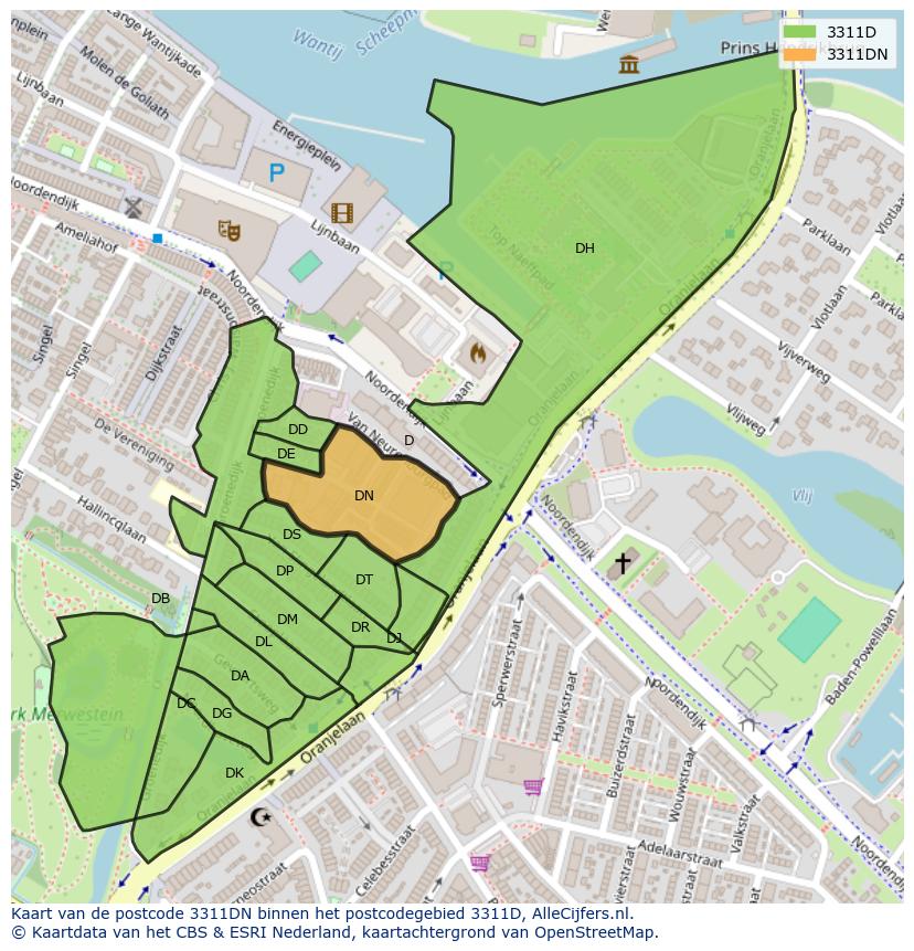 Afbeelding van het postcodegebied 3311 DN op de kaart.