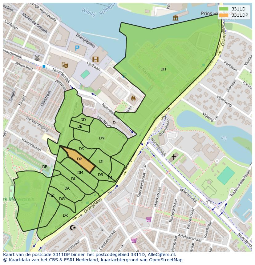 Afbeelding van het postcodegebied 3311 DP op de kaart.