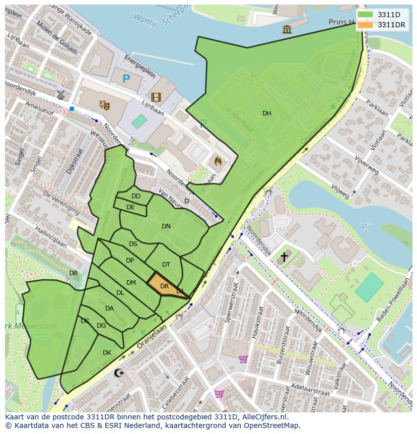 Afbeelding van het postcodegebied 3311 DR op de kaart.