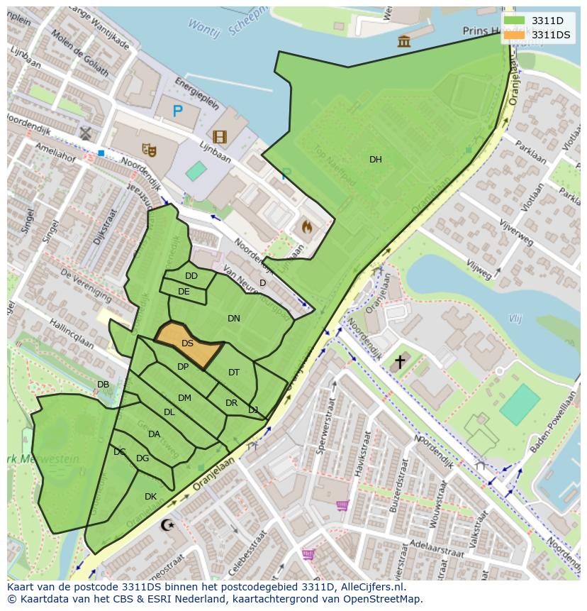 Afbeelding van het postcodegebied 3311 DS op de kaart.