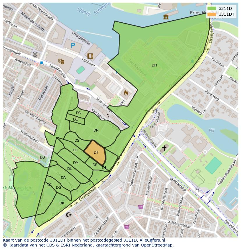 Afbeelding van het postcodegebied 3311 DT op de kaart.