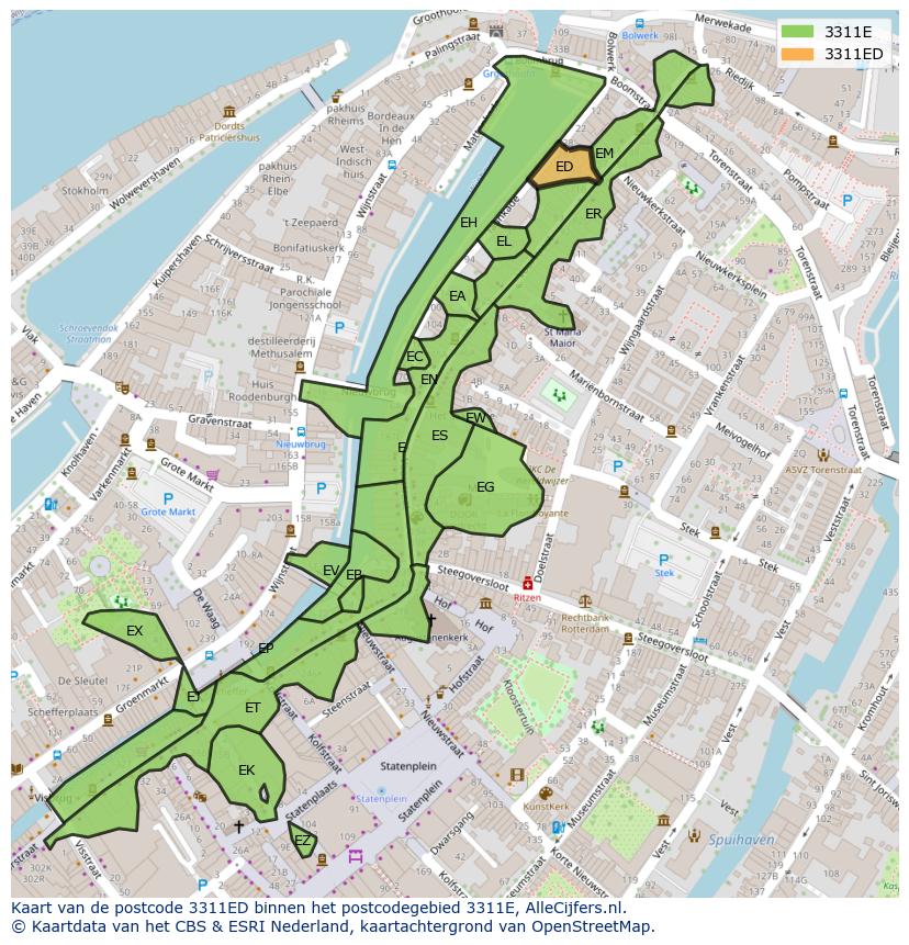 Afbeelding van het postcodegebied 3311 ED op de kaart.