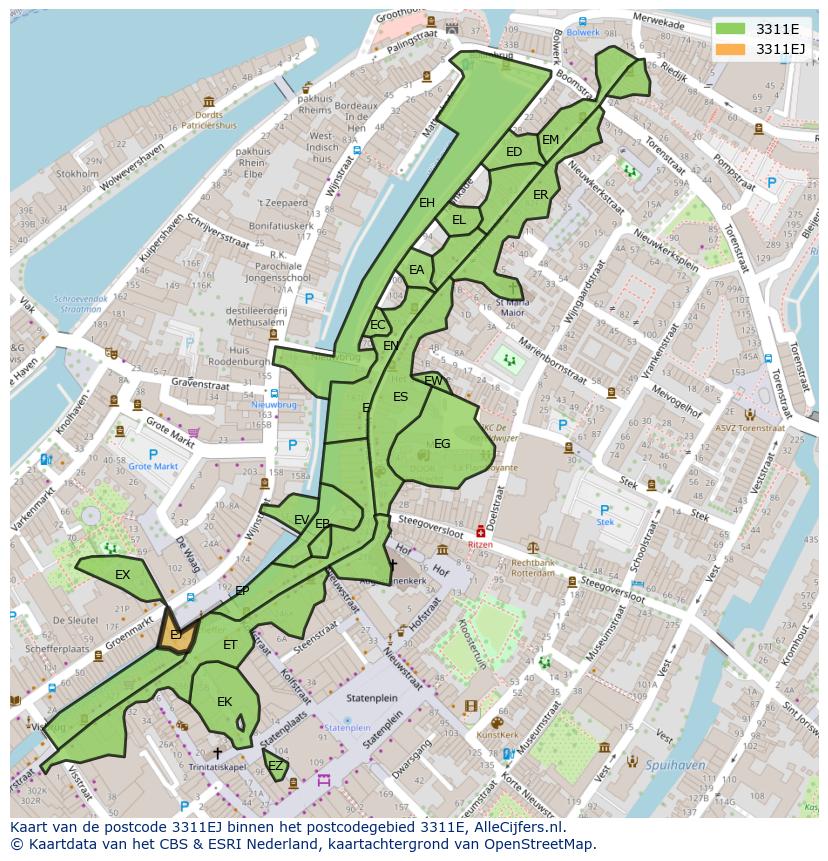 Afbeelding van het postcodegebied 3311 EJ op de kaart.