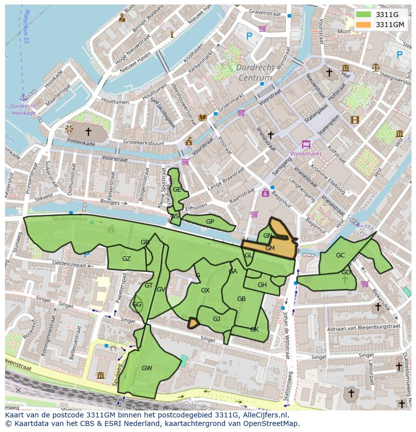 Afbeelding van het postcodegebied 3311 GM op de kaart.