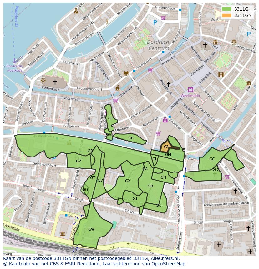 Afbeelding van het postcodegebied 3311 GN op de kaart.